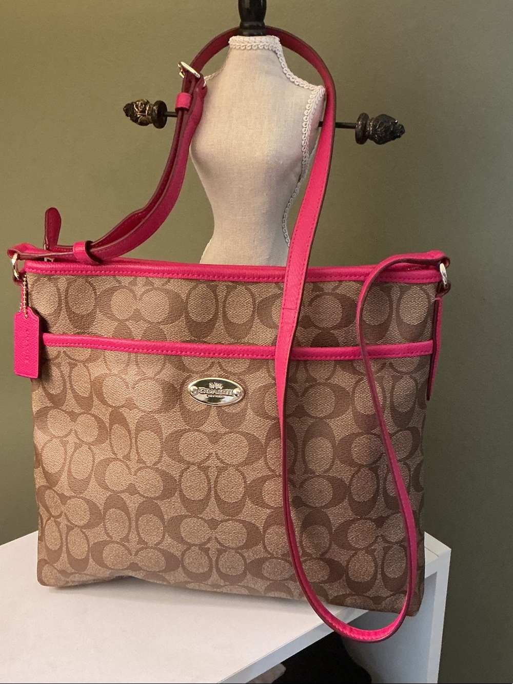 Coach Brown Signature File Crossbody Canvas Bag with Pink Leather Trim & Strap